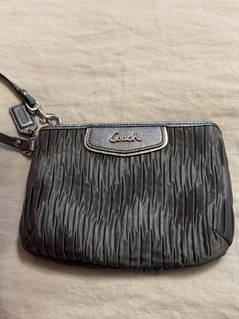 Coach Slate Gray Pleated Wristlet with Leather Trim & Wrist Strap